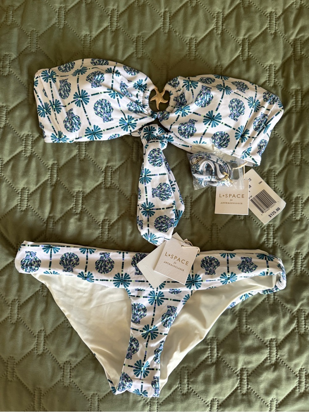 NWT l*space for Anthropologie White Bikini with Blue & Teal Shell Print